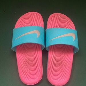 Nike Pink and Blue Slide Sandals